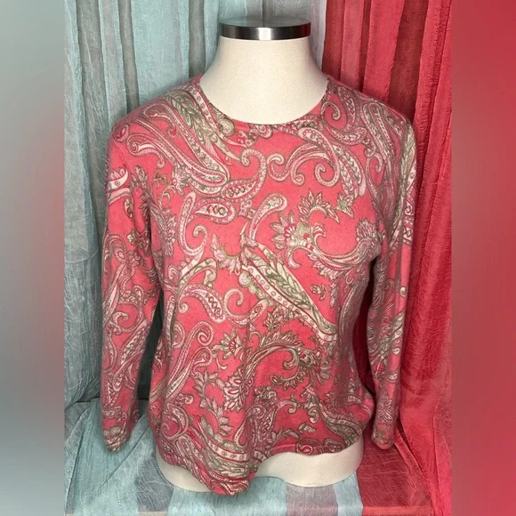 Talbots Paisley Long Sleeve Top - Coral and Green - Picture 1 of 3